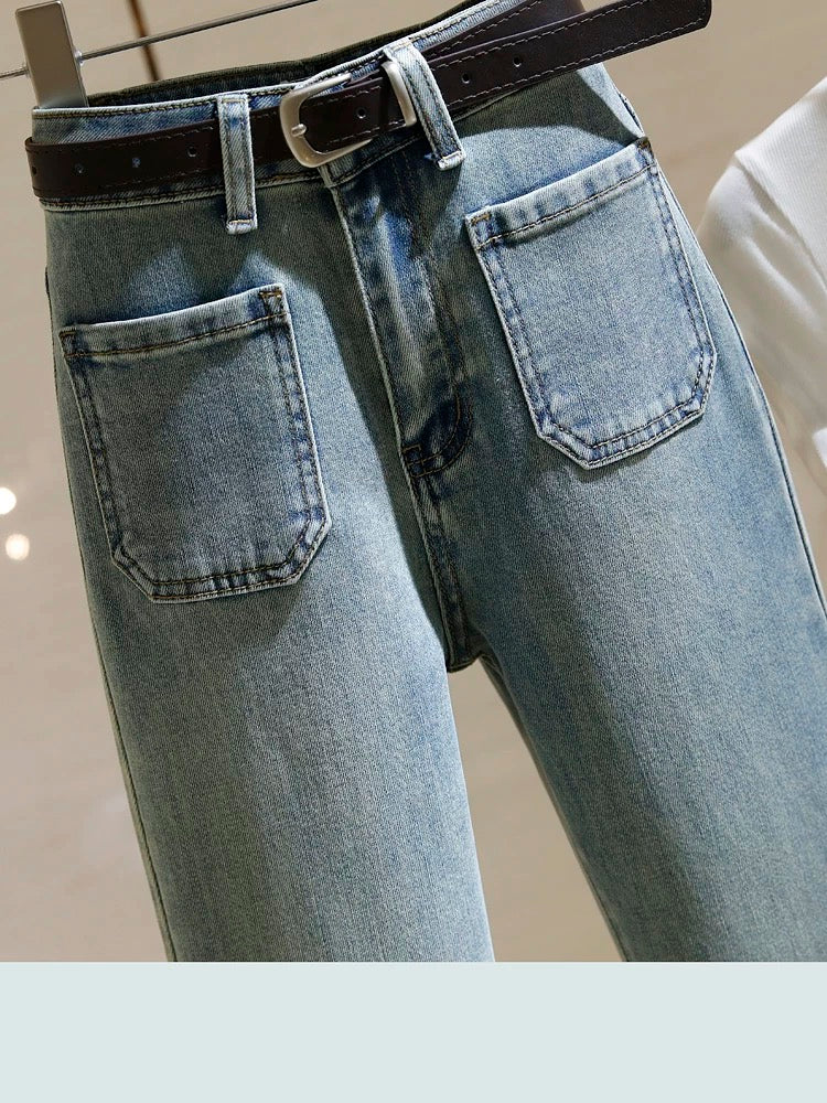 Light blue bootcut jeans for women high waist 2024 spring new Korean style versatile stretch slimming horseshoe flared pants