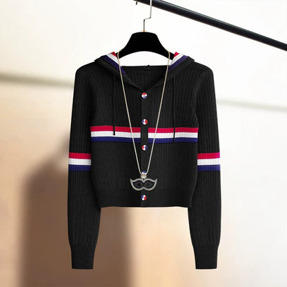 Spring new style contrasting stripes age-reducing college style hooded knitted cardigan for women loose slimming sweater jacket trendy top