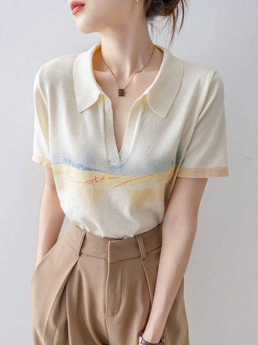 Short-sleeved knitted sweater for women 2025 new summer thin outer wear small style half-open collar French high-end top