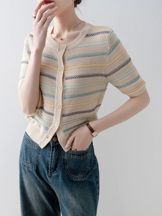 Striped knitted cardigan women 2025 summer new loose round neck thin style super good French style niche short-sleeved top