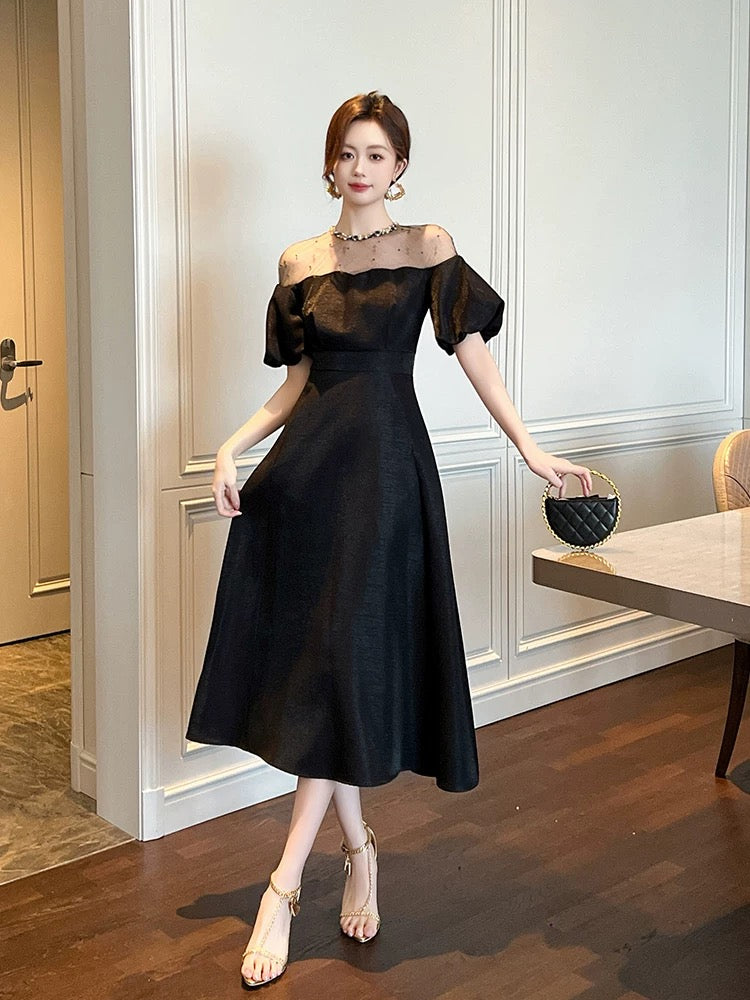 Hepburn style black dress, high-end dress, ladylike goddess style, puff sleeves, one shoulder long dress for women