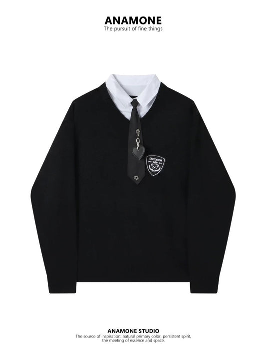 College style shirt splicing fake two-piece sweater women's autumn and winter loose lazy style retro tie American knitted top
