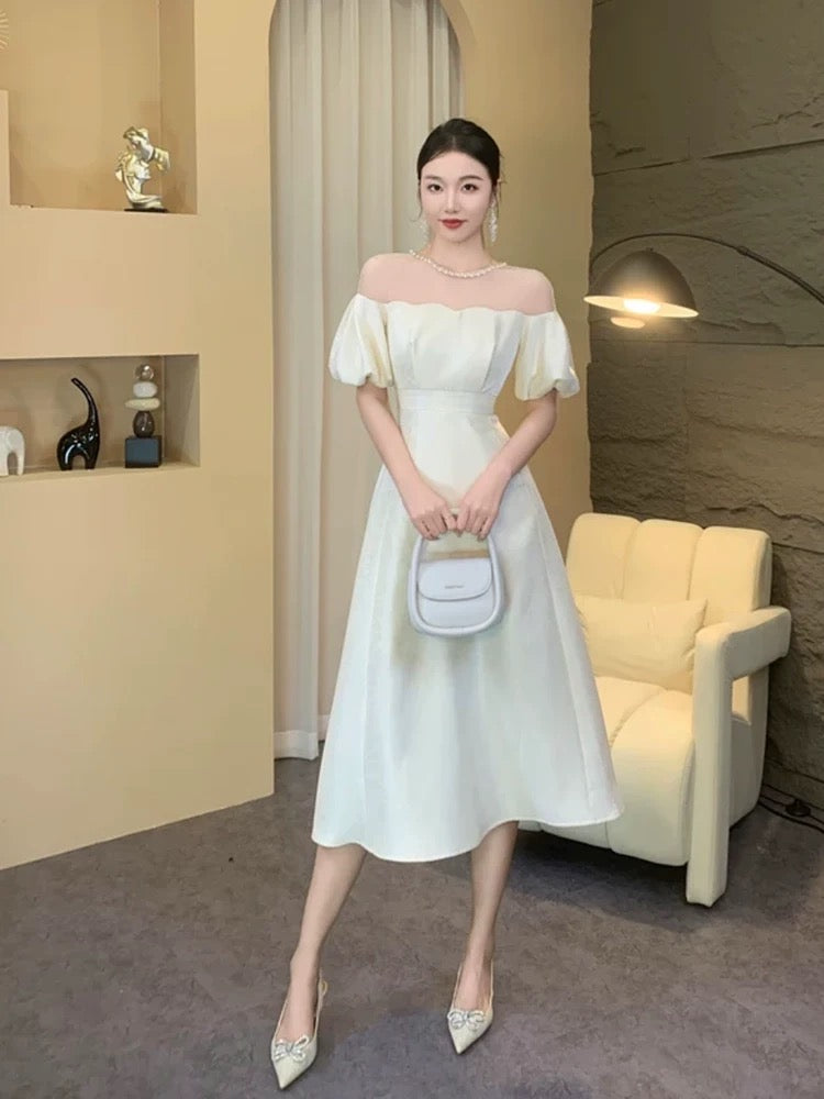 Hepburn style black dress, high-end dress, ladylike goddess style, puff sleeves, one shoulder long dress for women