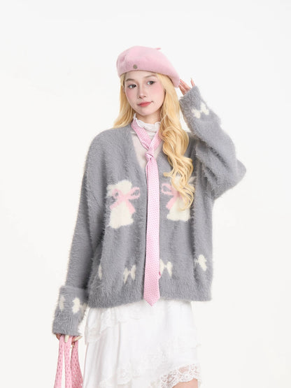 NERESUM Gentle Style Faux Mohair Cardigan Sweater Women's Butterfly Jacquard Lazy Warm Autumn and Winter Knitwear Coat