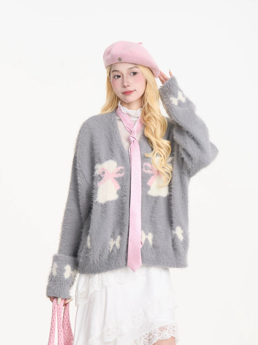 NERESUM Gentle Style Faux Mohair Cardigan Sweater Women's Butterfly Jacquard Lazy Warm Autumn and Winter Knitwear Coat