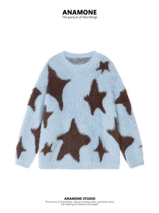 ANAMONE imitation mink fur soft waxy star sweater women 2025 winter loose lazy American retro unique