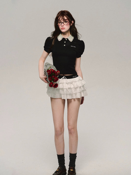 OAKMOO/ "Ancient Shrine" Ultra-low Waist Cake Tutu Skirt Women's Spring White Short Skirt Embroidered Skirt