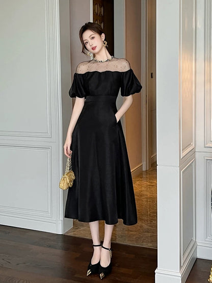 Hepburn style black dress, high-end dress, ladylike goddess style, puff sleeves, one shoulder long dress for women