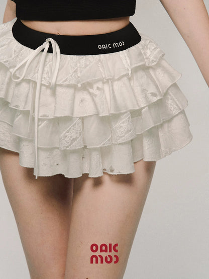 OAKMOO/ "Ancient Shrine" Ultra-low Waist Cake Tutu Skirt Women's Spring White Short Skirt Embroidered Skirt