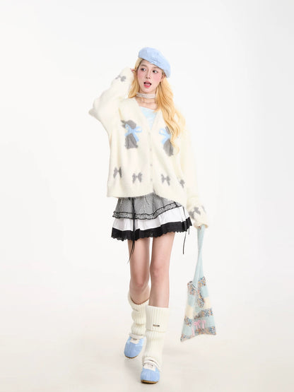 NERESUM Gentle Style Faux Mohair Cardigan Sweater Women's Butterfly Jacquard Lazy Warm Autumn and Winter Knitwear Coat