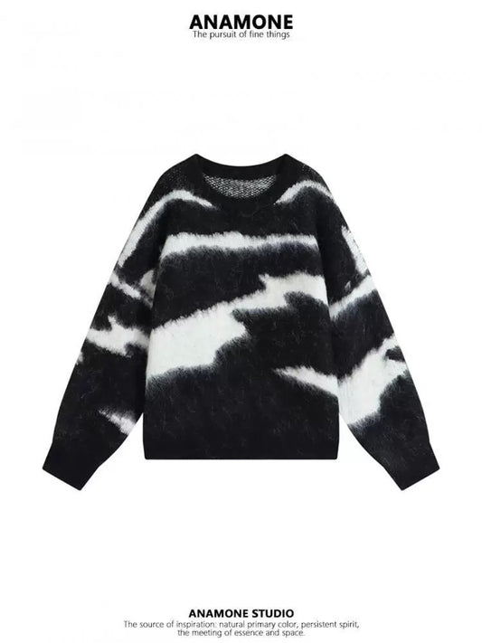 ANAMONE black tie-dye sweet round neck sweater women's spring and autumn winter design lazy style soft glutinous knitted top