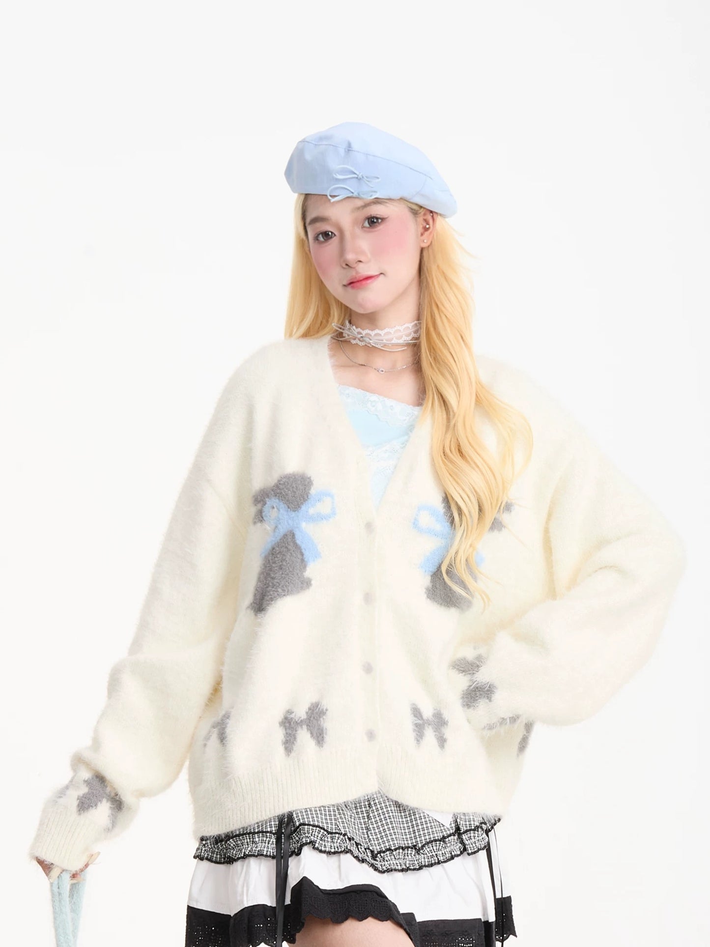 NERESUM Gentle Style Faux Mohair Cardigan Sweater Women's Butterfly Jacquard Lazy Warm Autumn and Winter Knitwear Coat