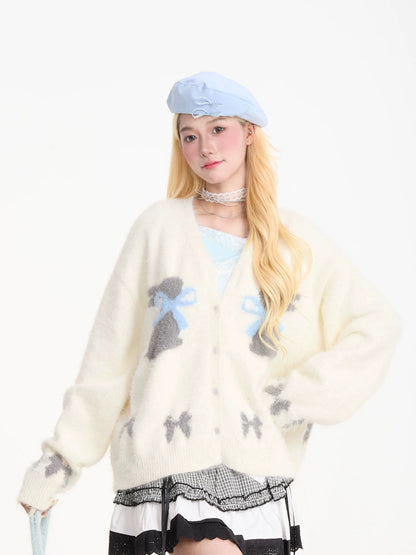 NERESUM Gentle Style Faux Mohair Cardigan Sweater Women's Butterfly Jacquard Lazy Warm Autumn and Winter Knitwear Coat