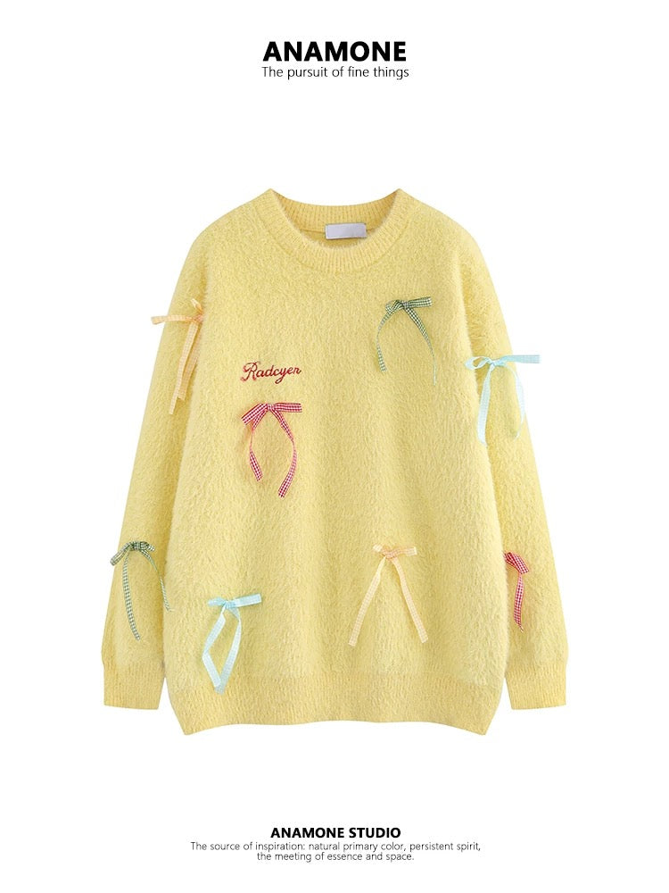 ANAMONE sweet bow soft waxy sweater women's autumn and winter mohair loose lazy retro Japanese unique