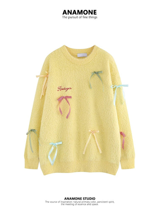 ANAMONE sweet bow soft waxy sweater women's autumn and winter mohair loose lazy retro Japanese unique