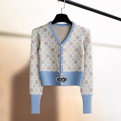 Spring new arrival Xiaoxiang style knitted cardigan for women V-neck high-end jacquard high-waisted short style slimming outer sweater jacket
