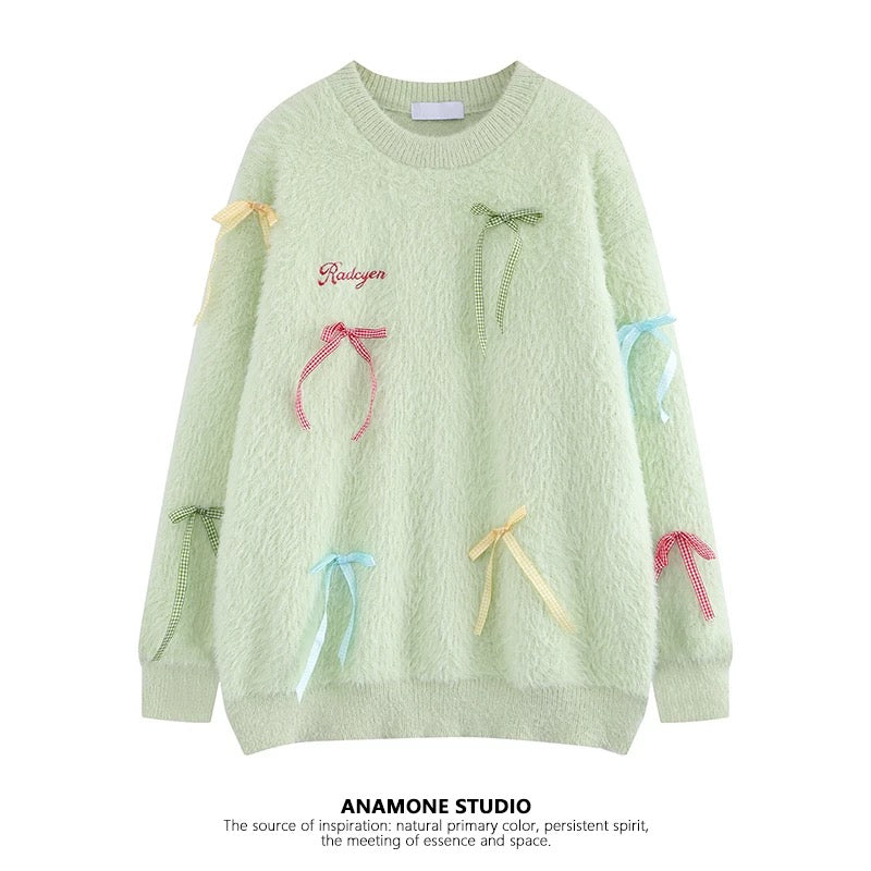 ANAMONE sweet bow soft waxy sweater women's autumn and winter mohair loose lazy retro Japanese unique