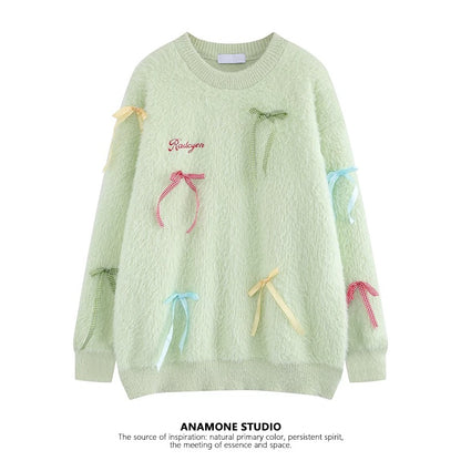 ANAMONE sweet bow soft waxy sweater women's autumn and winter mohair loose lazy retro Japanese unique
