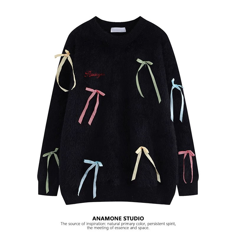 ANAMONE sweet bow soft waxy sweater women's autumn and winter mohair loose lazy retro Japanese unique