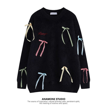 ANAMONE sweet bow soft waxy sweater women's autumn and winter mohair loose lazy retro Japanese unique