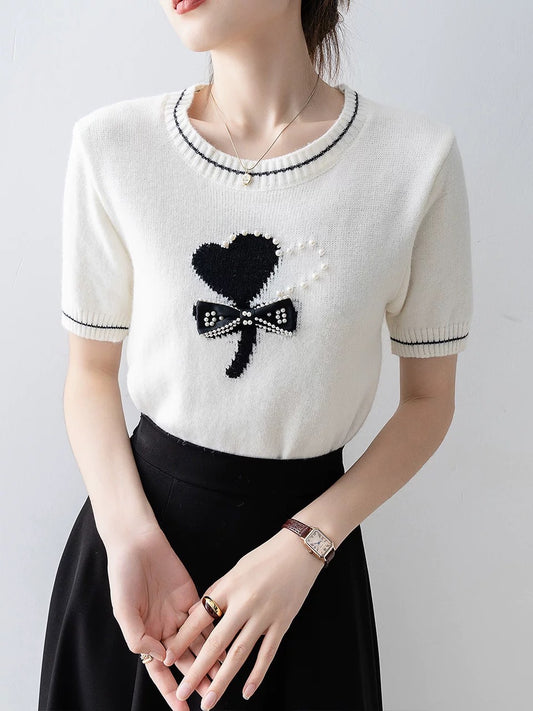 style bow design sweater women's clothing 2024 new summer white round neck loose short-sleeved top