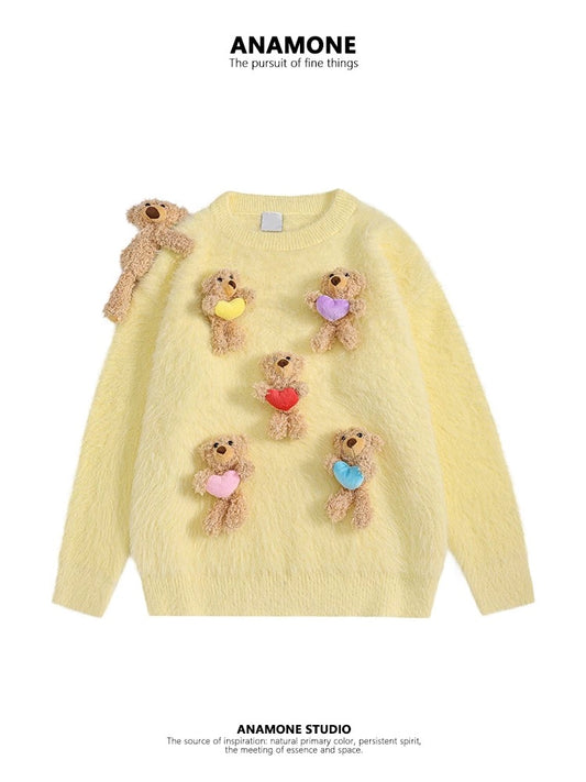 ANAMONE yellow purple and red love three-dimensional bear sweater women 2025 winter loose lazy style soft and cute