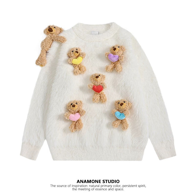 ANAMONE yellow purple and red love three-dimensional bear sweater women 2025 winter loose lazy style soft and cute