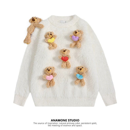 ANAMONE yellow purple and red love three-dimensional bear sweater women 2025 winter loose lazy style soft and cute