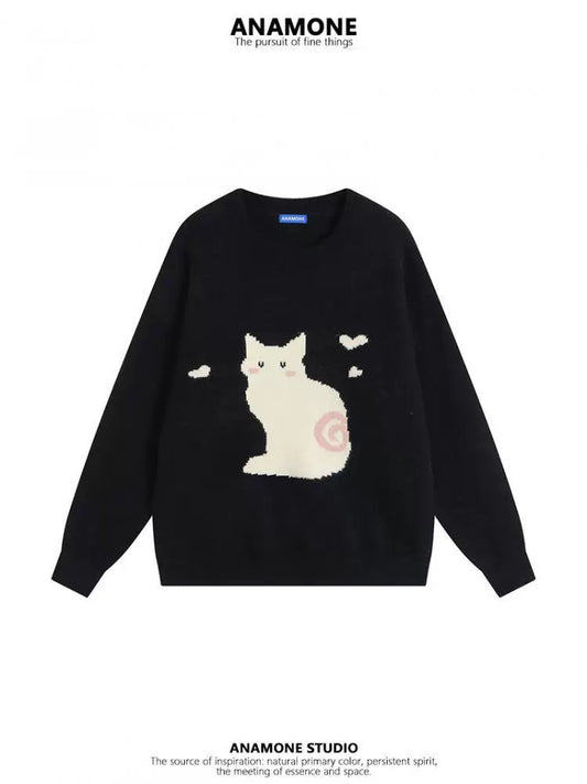 ANAMONE Japanese-style gentle cat sweater women's autumn and winter slim fit milk sweet cute style black versatile knitted top