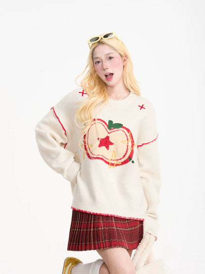 NERESUM Apple Flocked Autumn/Winter Pullover Sweater for Women, American Retro Lazy Style, Loose and Versatile Knit Top