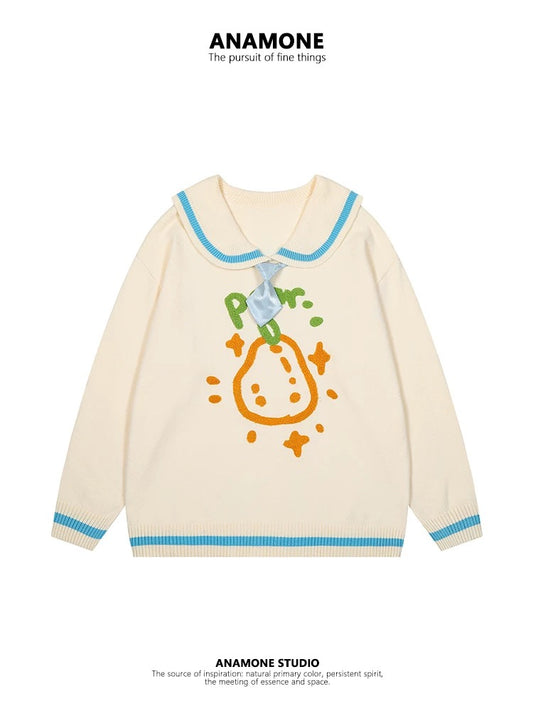 ANAMONE sweet and cute style navy collar sweater women autumn loose slim lazy style cartoon print retro