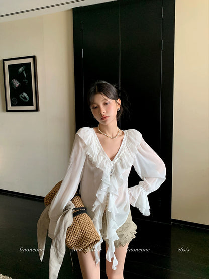 LINONEONE's Sheer Kiss Chiffon Sunscreen Shirt with French Heiress Feel: Ruffled Ribbons and Sun Protection for Spring/Summer