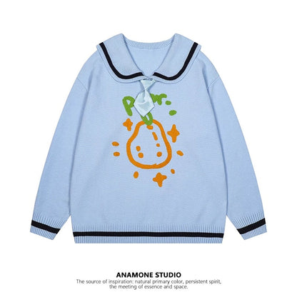 ANAMONE sweet and cute style navy collar sweater women autumn loose slim lazy style cartoon print retro