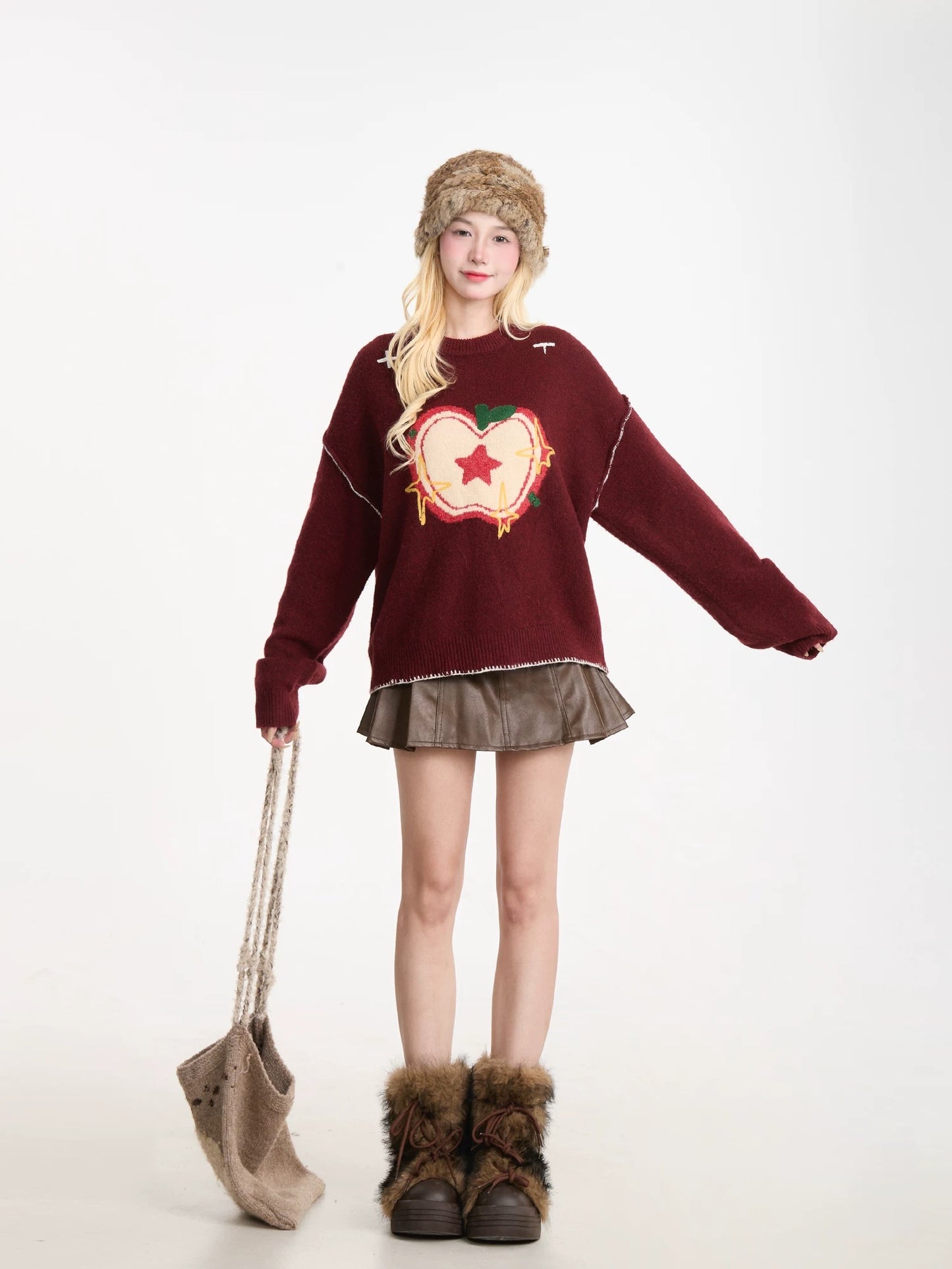 NERESUM Apple Flocked Autumn/Winter Pullover Sweater for Women, American Retro Lazy Style, Loose and Versatile Knit Top