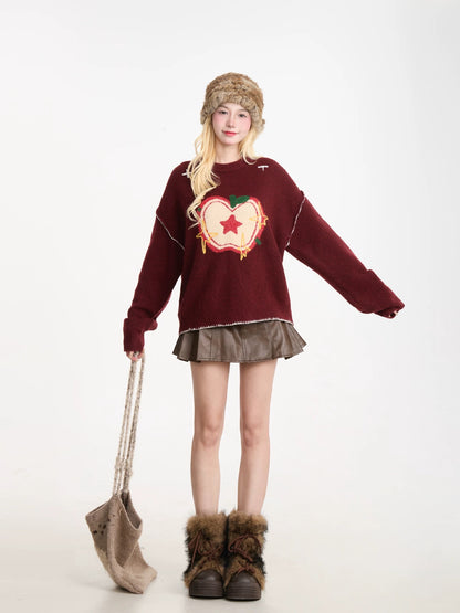 NERESUM Apple Flocked Autumn/Winter Pullover Sweater for Women, American Retro Lazy Style, Loose and Versatile Knit Top