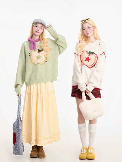 NERESUM Apple Flocked Autumn/Winter Pullover Sweater for Women, American Retro Lazy Style, Loose and Versatile Knit Top