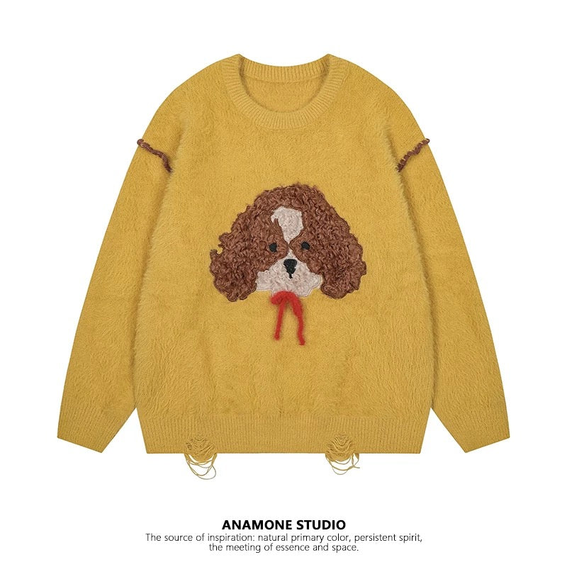 ANAMONE cute puppy retro sweater women's autumn and winter loose slim soft mohair design niche