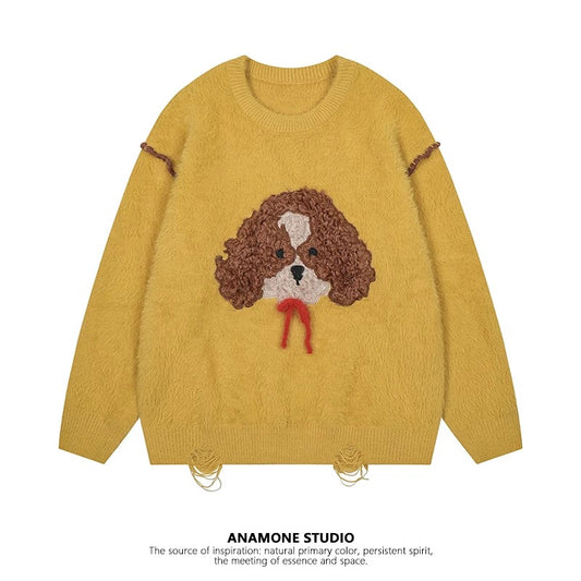 ANAMONE cute puppy retro sweater women's autumn and winter loose slim soft mohair design niche