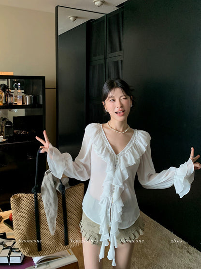 LINONEONE's Sheer Kiss Chiffon Sunscreen Shirt with French Heiress Feel: Ruffled Ribbons and Sun Protection for Spring/Summer
