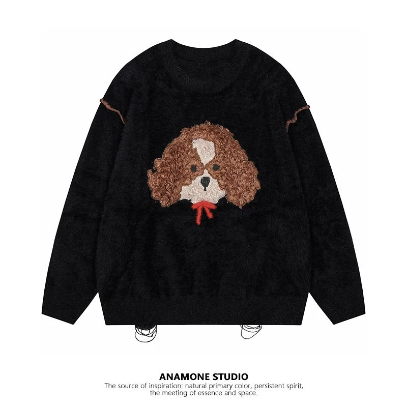 ANAMONE cute puppy retro sweater women's autumn and winter loose slim soft mohair design niche