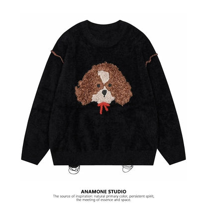 ANAMONE cute puppy retro sweater women's autumn and winter loose slim soft mohair design niche