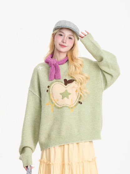 NERESUM Apple Flocked Autumn/Winter Pullover Sweater for Women, American Retro Lazy Style, Loose and Versatile Knit Top