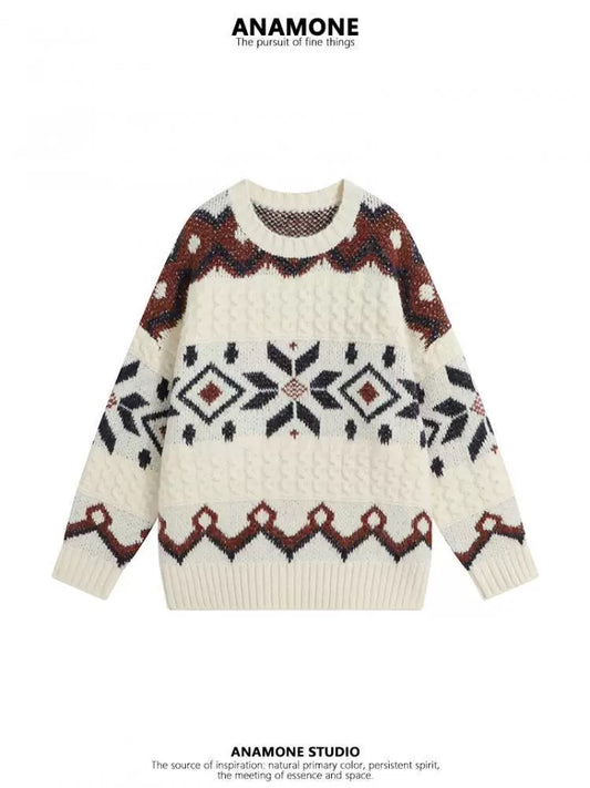 ANAMONE Japanese sweet twist round neck sweater women's autumn and winter loose lazy wind snowflake retro gentle top