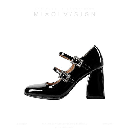 "Wonderful Couple" French thick-heeled Mary Jane small leather shoes for women 2024 new early spring low-heeled pumps with skirt