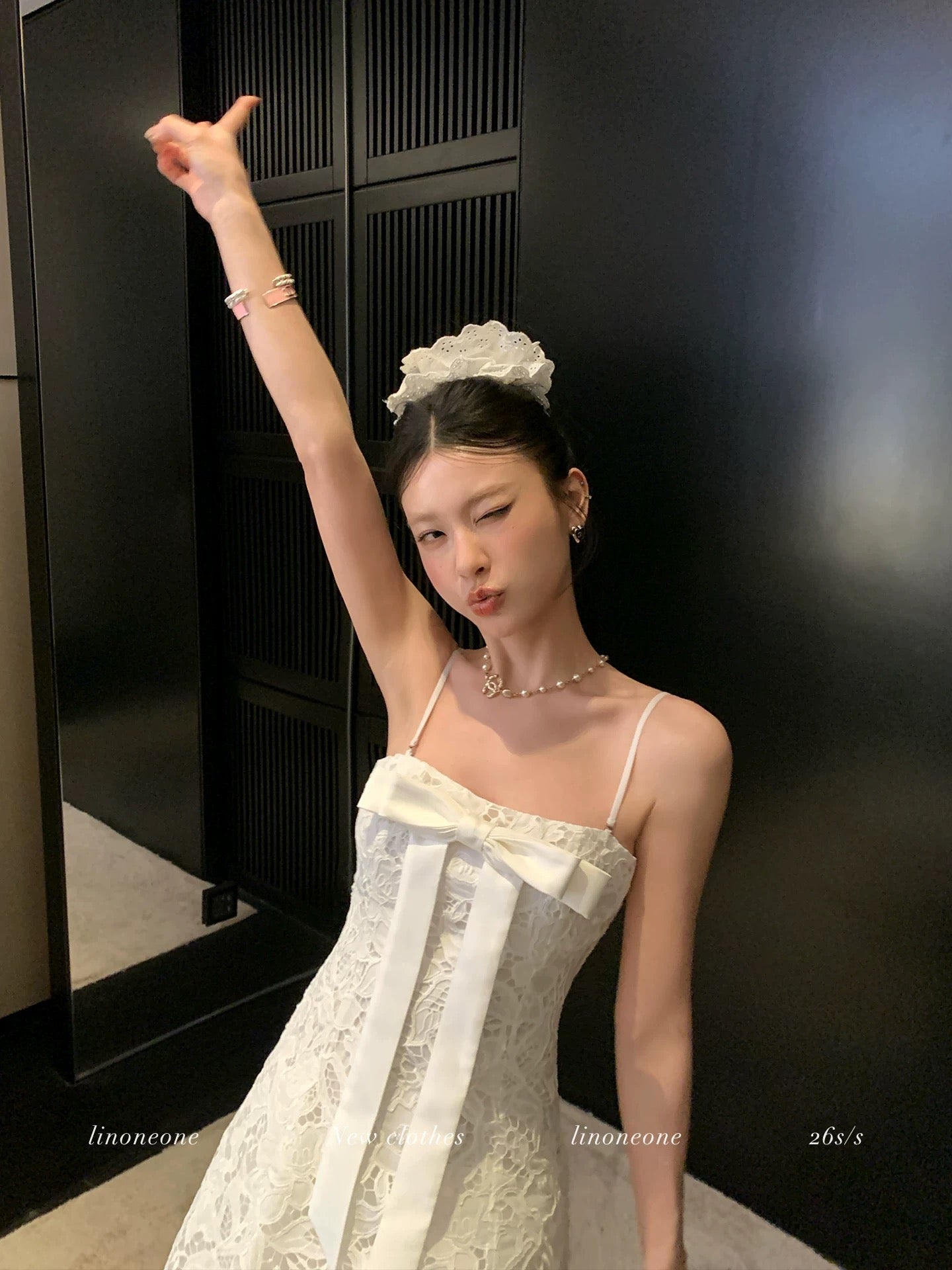 LINONEONE Angel Collection: Exquisite Lace Dress with a Large Bow and Fitted Waist