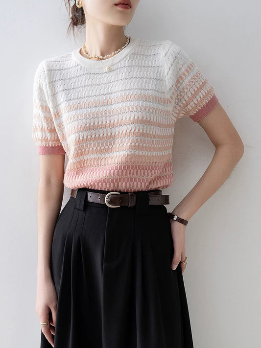 Summer 2024 new women's gradient color knitted sweater short sleeve thin high-end round neck loose bottoming shirt top