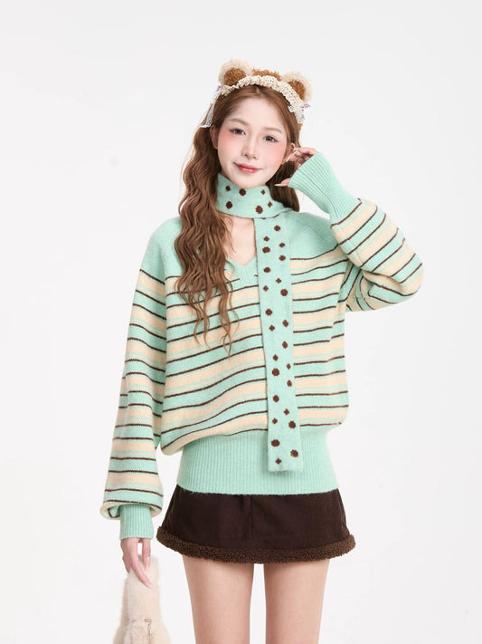 NERESUM Soft Striped Color Block V-Neck Sweater for Women, New Autumn/Winter Style, Relaxed Fit, Warm Pullover Knit Top