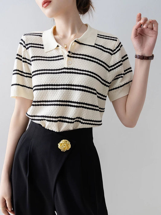 Ice silk knitted short-sleeved T-shirt for women 2024 new summer loose niche unique polo shirt striped top