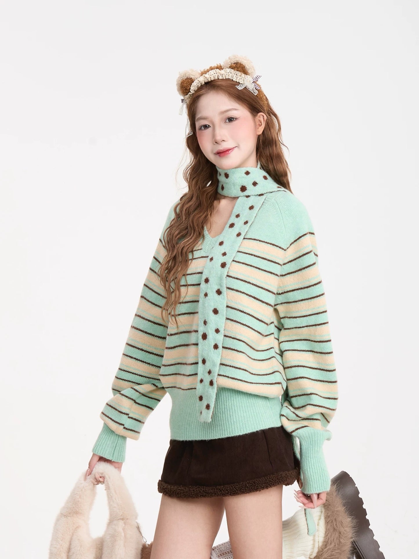 NERESUM Soft Striped Color Block V-Neck Sweater for Women, New Autumn/Winter Style, Relaxed Fit, Warm Pullover Knit Top