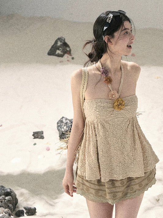 AOMALM's "Gentle Pleats" French-Style 3D Floral Babydoll Top for Women - Summer Sleeveless Halter Neck